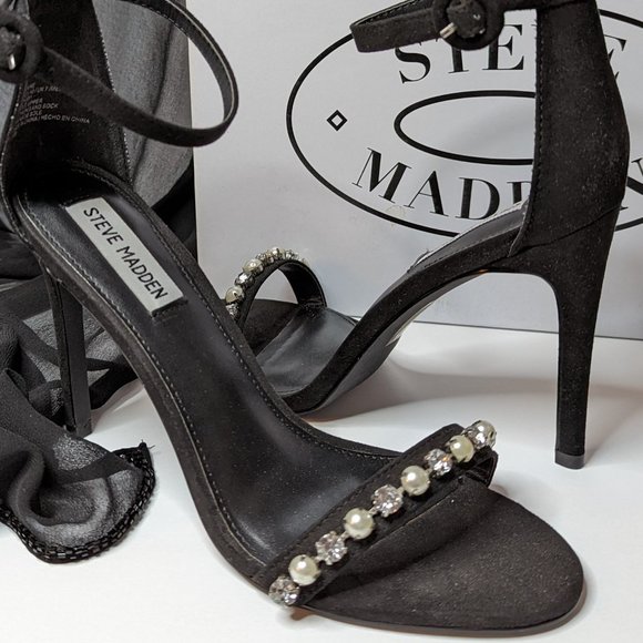 STEVE MADDEN Solitaire Stiletto Sandals Diamond Pearl Studs Ankle Strap Size 9 - Picture 7 of 15